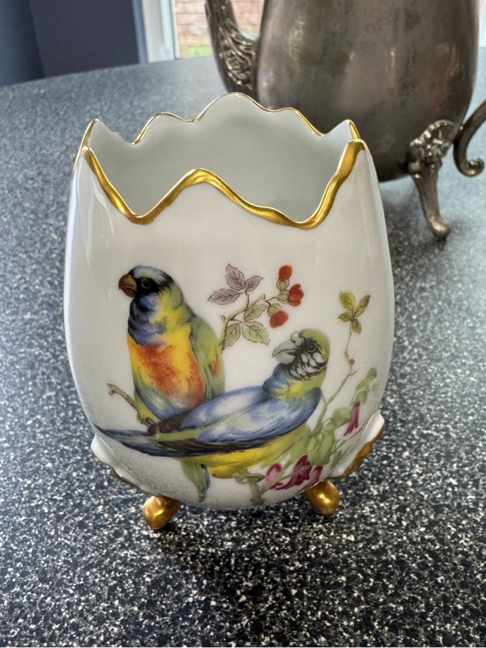 Vintage Limoges Porcelain Footed Trinket Bowl W Gold Accents FRANCE Birds/Flower